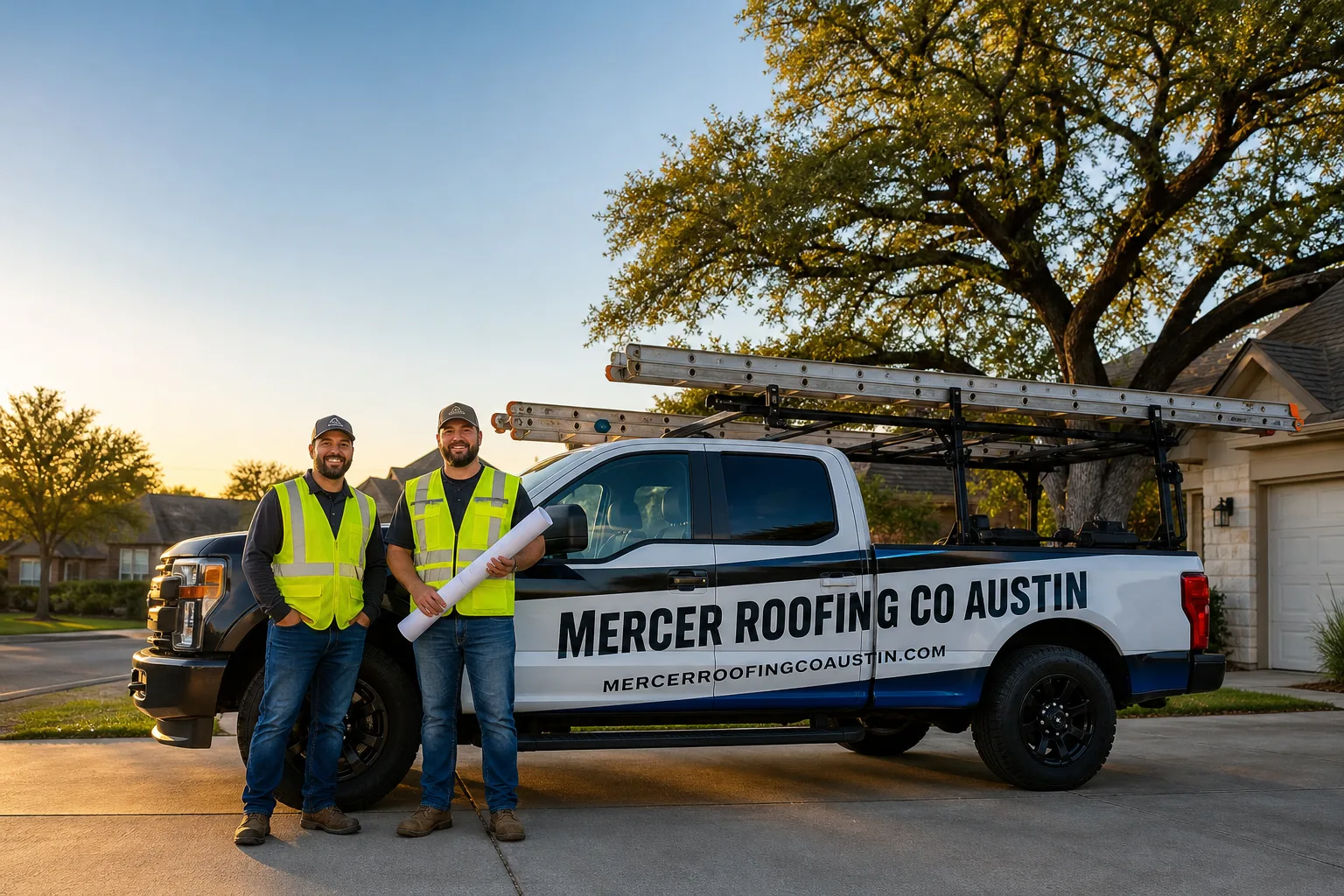 Mercer Roofing Co Austin roofing service vehicle and crew in Austin, TX