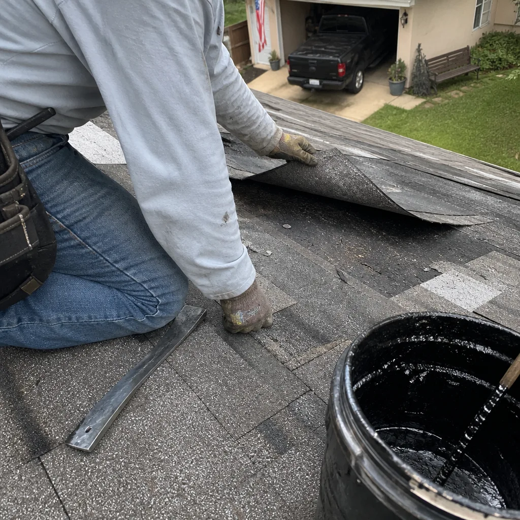 Professional roofer repairing damaged asphalt shingles on a residential roof