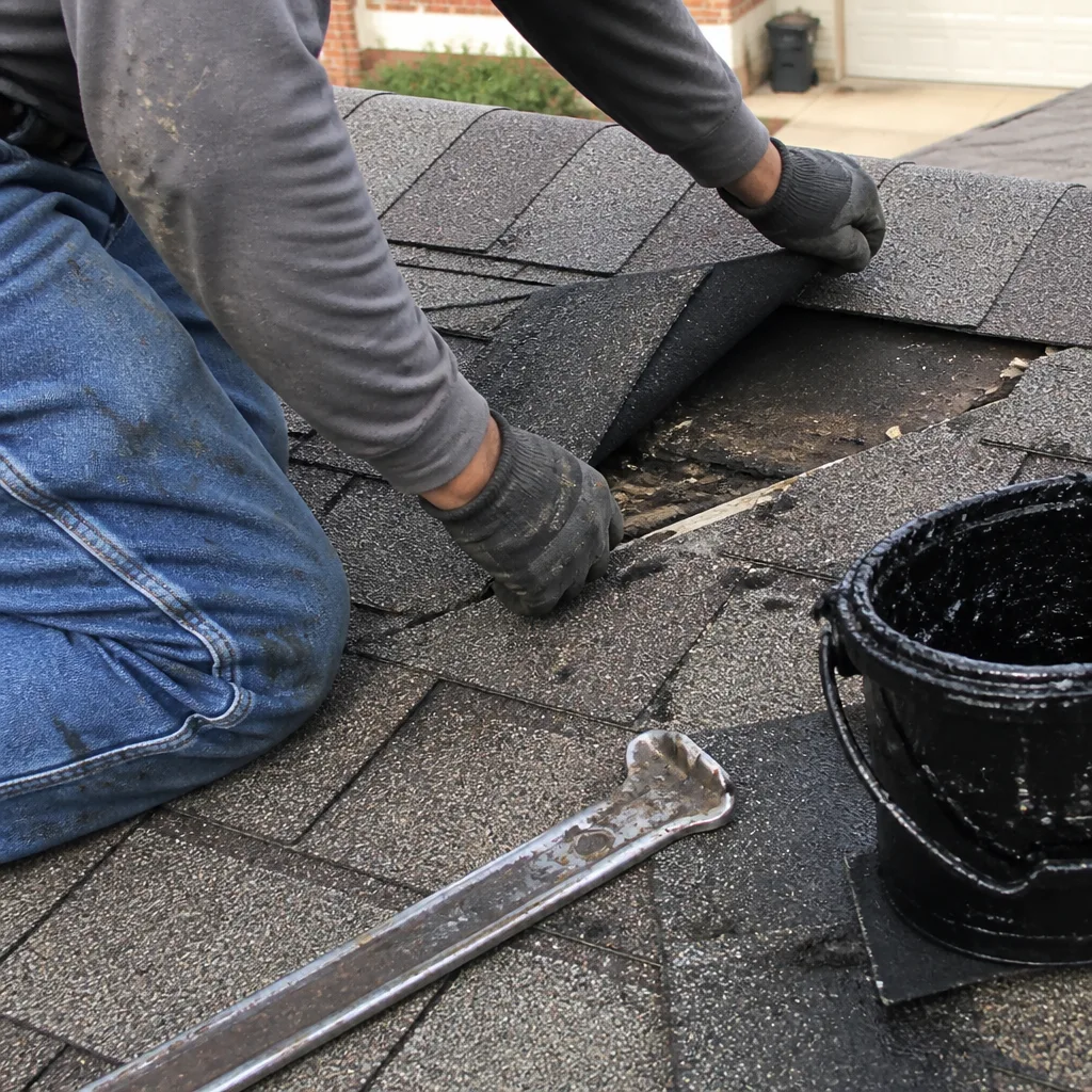 Professional roofer performing shingle repair on a residential roof