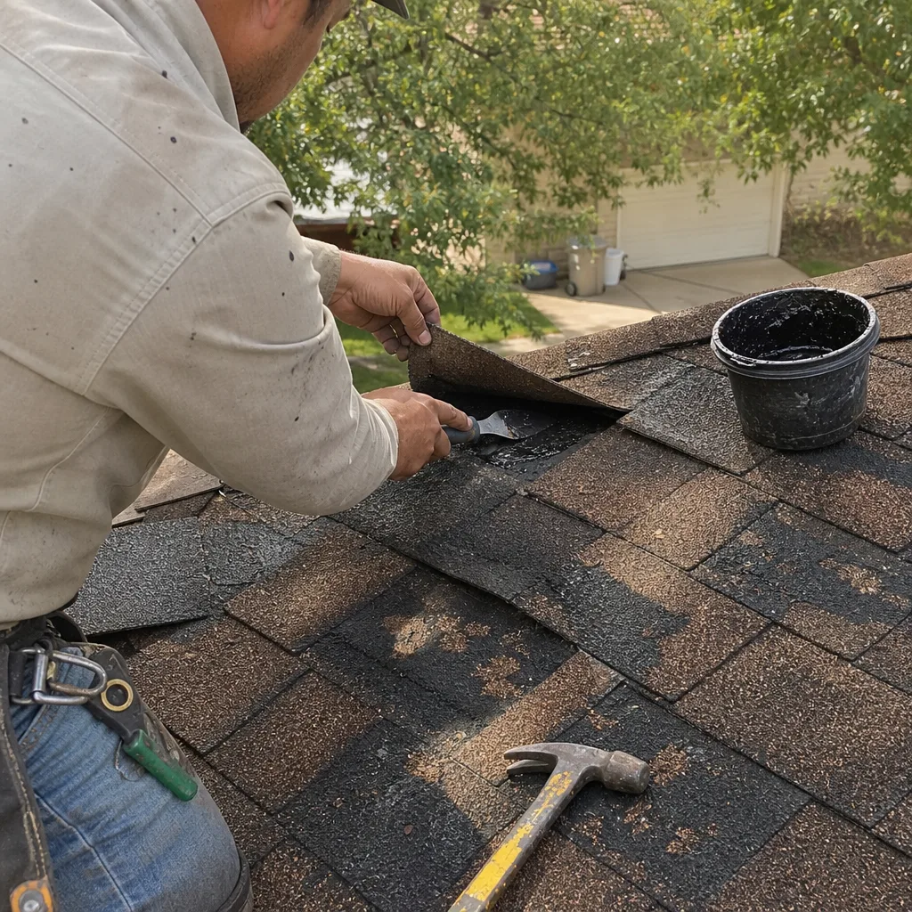 Professional roofer performing asphalt shingle roof repair with sealant