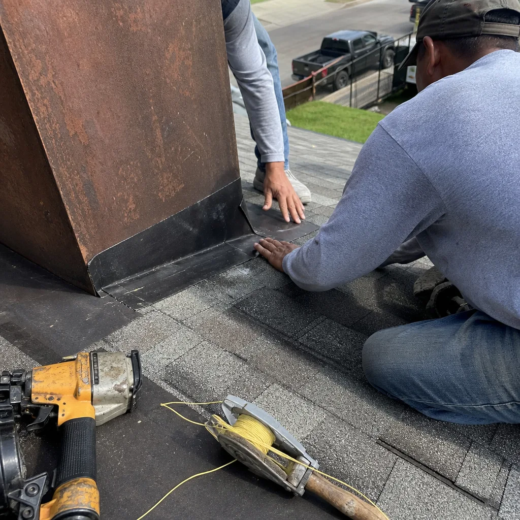 Roofers installing metal flashing around a chimney on a residential roof